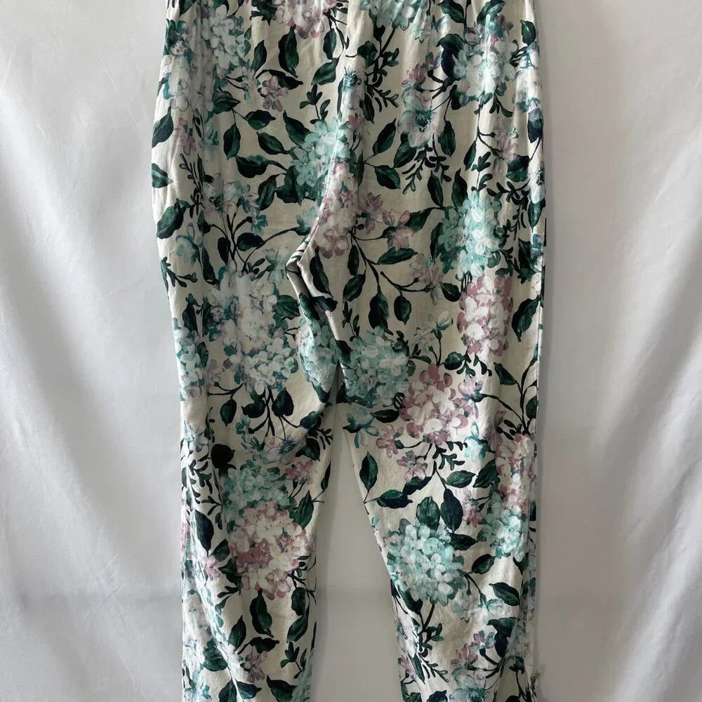 J. Jill Womens Ivory Mid Rise Floral Linen Stretch Button Hem Ankle Pant Size M